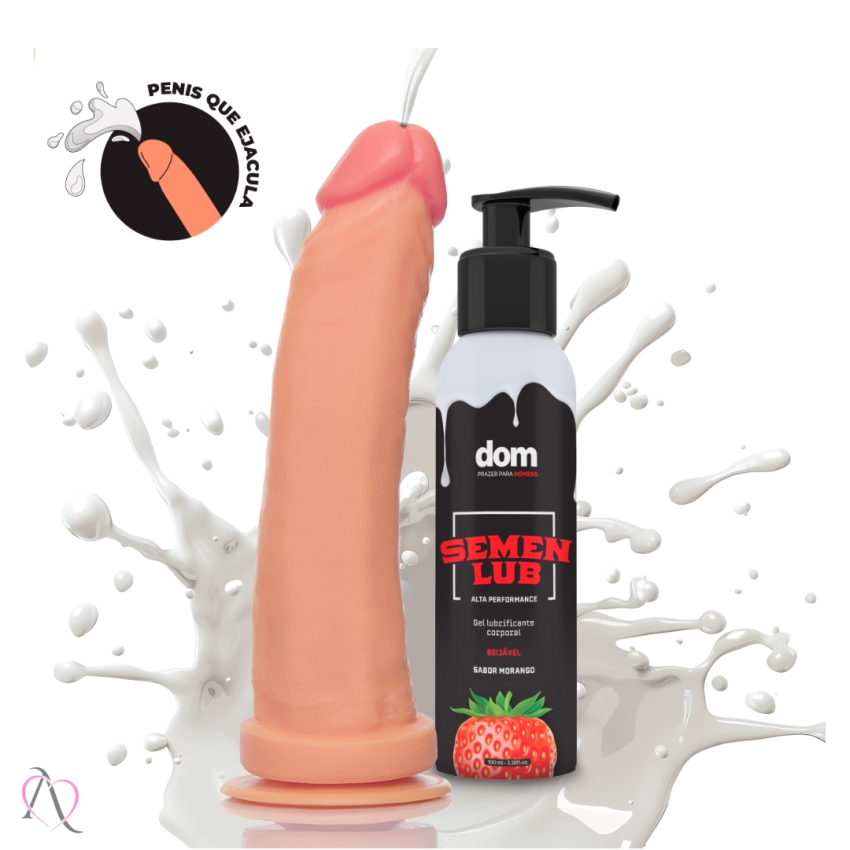 PROTESE DE PENIS QUE EJACULA + SEMEN LUB MORANGO 18,5X4,5 CM